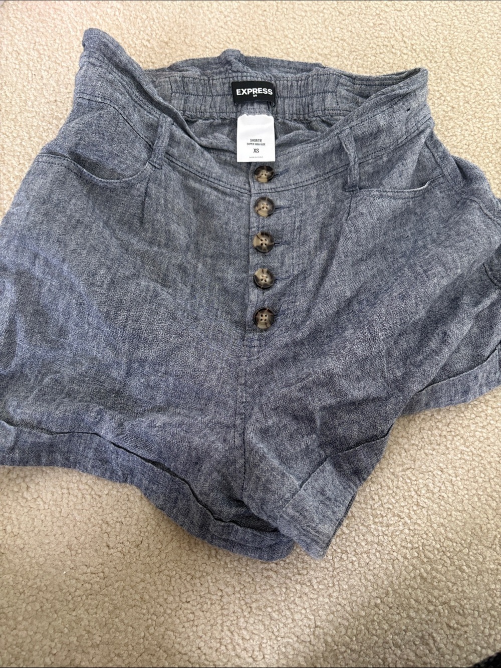 Express High-Waist Button-Front Shorts in Indigo